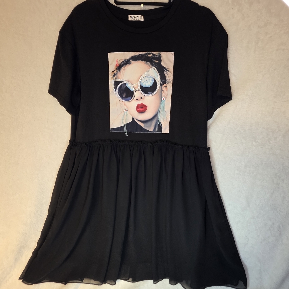 -Art To Wear- Silk Screen Chiffon Skirt T-shirt Midi Dress Size Med.